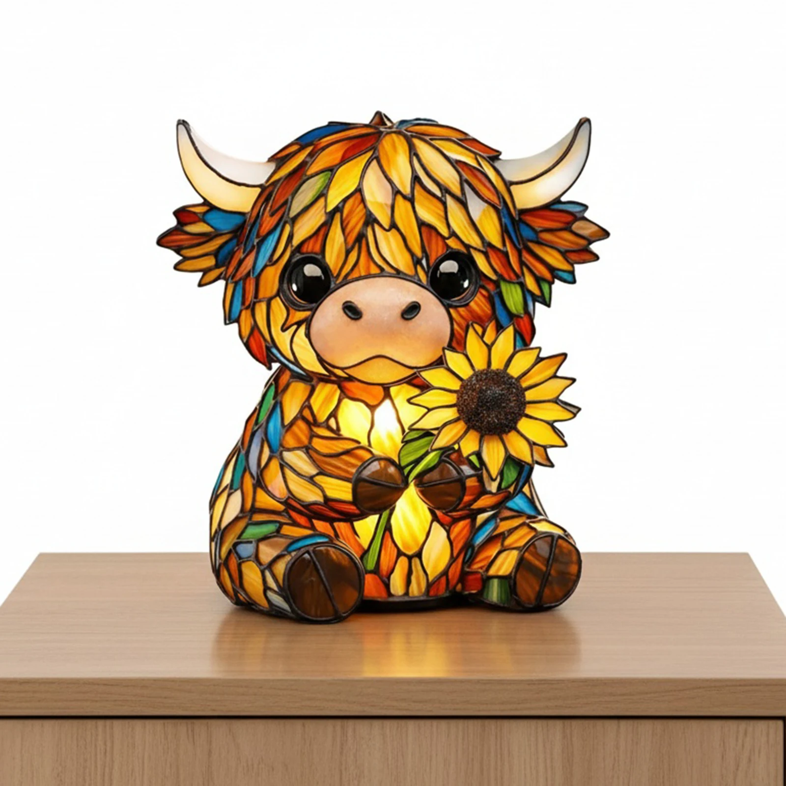 LED 해바라기 하이랜드 소 테이블 램프 귀여운 침실 장식 램프 레진 동물 장식 조명 거실 책상 장