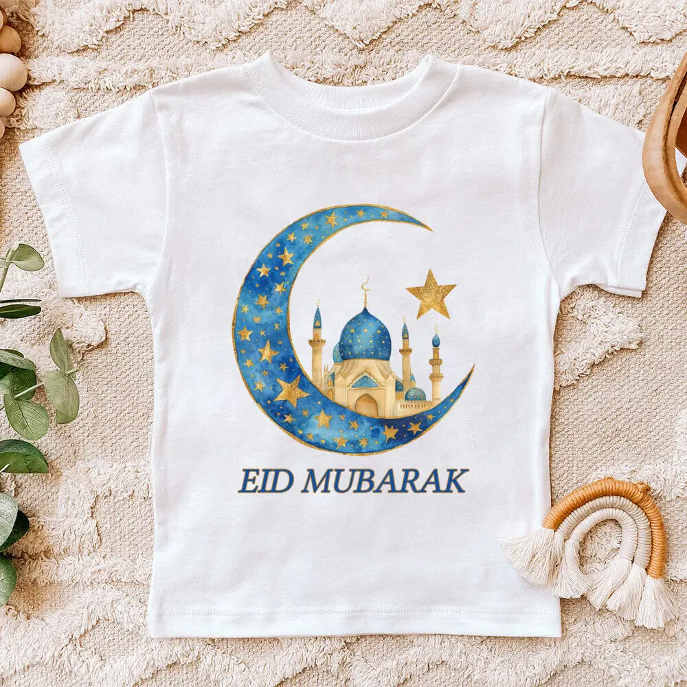Eid Mubarak Moon Star Printed Kids Shirts Eid Ramadan Child T-shirt Tops Islamic Muslim Holiday Boys Girls Short Sleeve Outfit 3