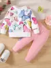 0-2 Year Old Newborn Baby Gilr Spring and Autumn Round Neck Butterfly Printed Long Sleeves with Butterfly Printed Pants Fashion