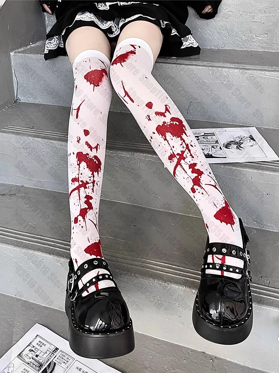 Goth punk blood Y2K Over Knee Long Socks Women Girs Sexy Nylon Calf Socks Thigh High Stockings Legging Lolita Cosplay Tights emo