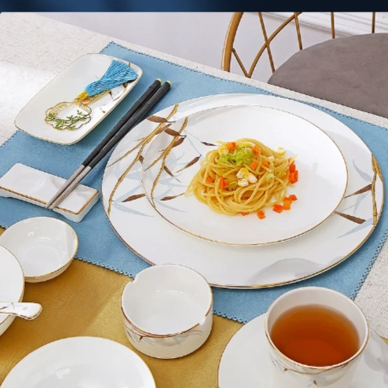 Chinese Bamboo Plate Set,Bone China Plate Set with Floral Pattern,Perfect for Home & Hotel Use