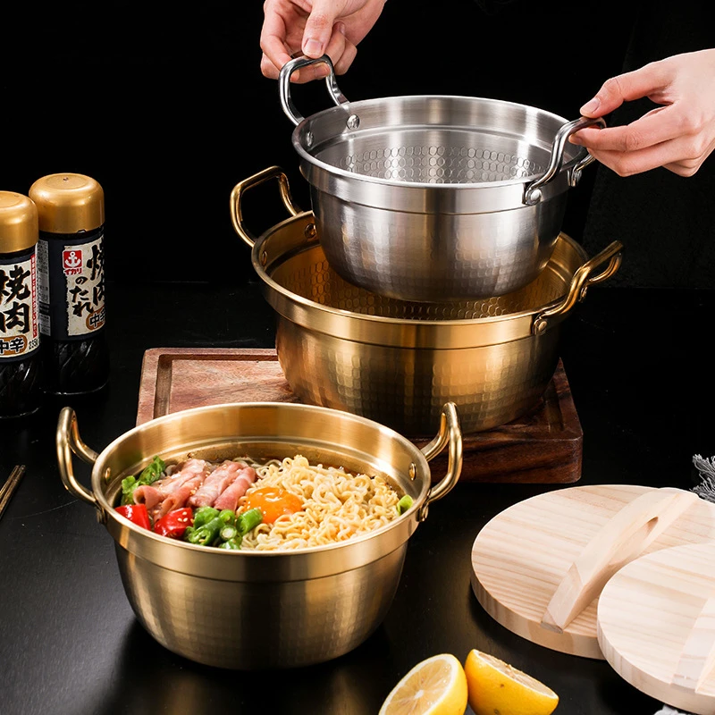 Korean Style Double Ear Stew Pots with Wooden Lid Stainless Steel Saucepan Ramen Pot Kitchen Cookware for Gas Induction Cooker