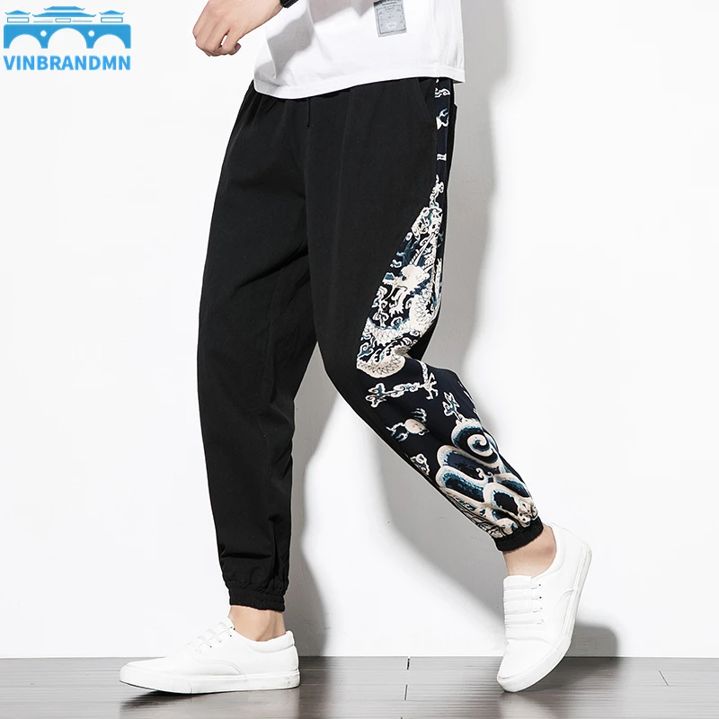 

Men Harem Pants Traditional Chinese Clothing For Male Dragon Printed Elastic Waist Cotton Linen Trousers Men 2022 Autumn Spring