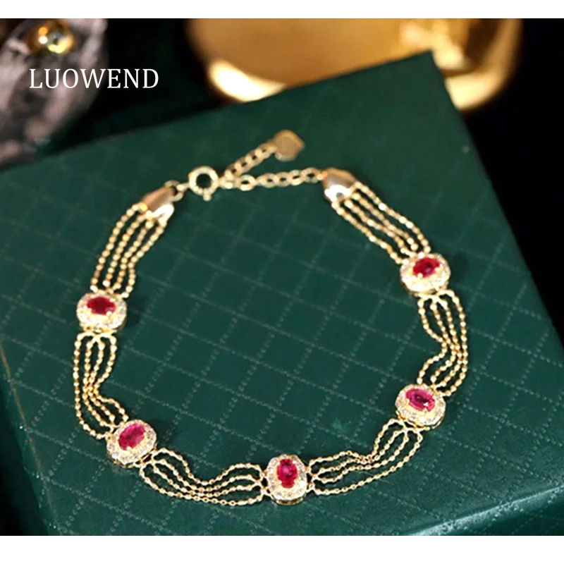 

LUOWEND 18K Yellow Gold Bracelet Vintage Style Real Natural Ruby Shiny Diamond Gemstone Bracelet for Women High Party Jewelry