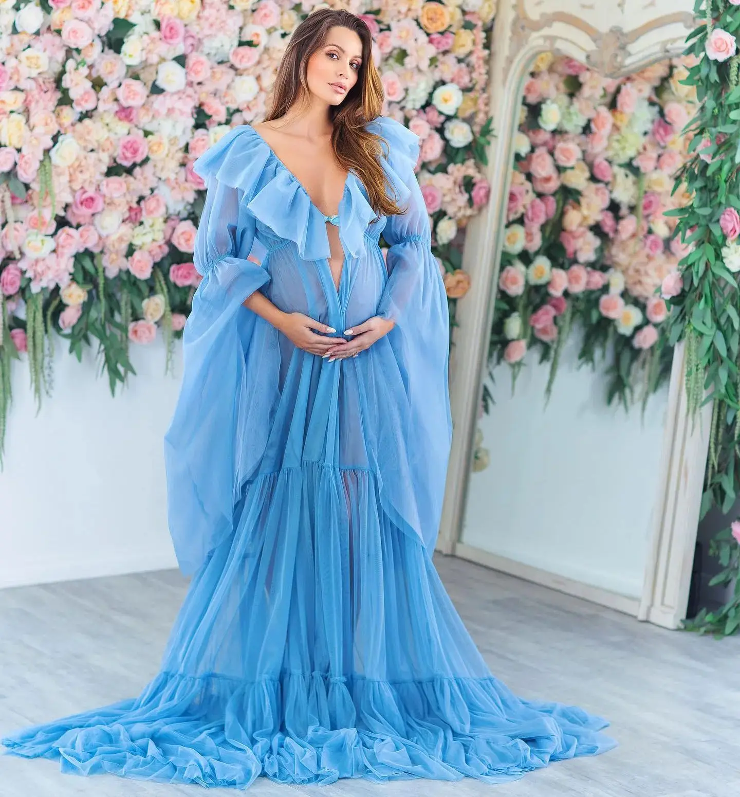 Chiffon Blue A Line Maternity Robes for Photography Long Sleeves Ruffles Pregnant Women Dresses Front Split Babyshower Gowns
