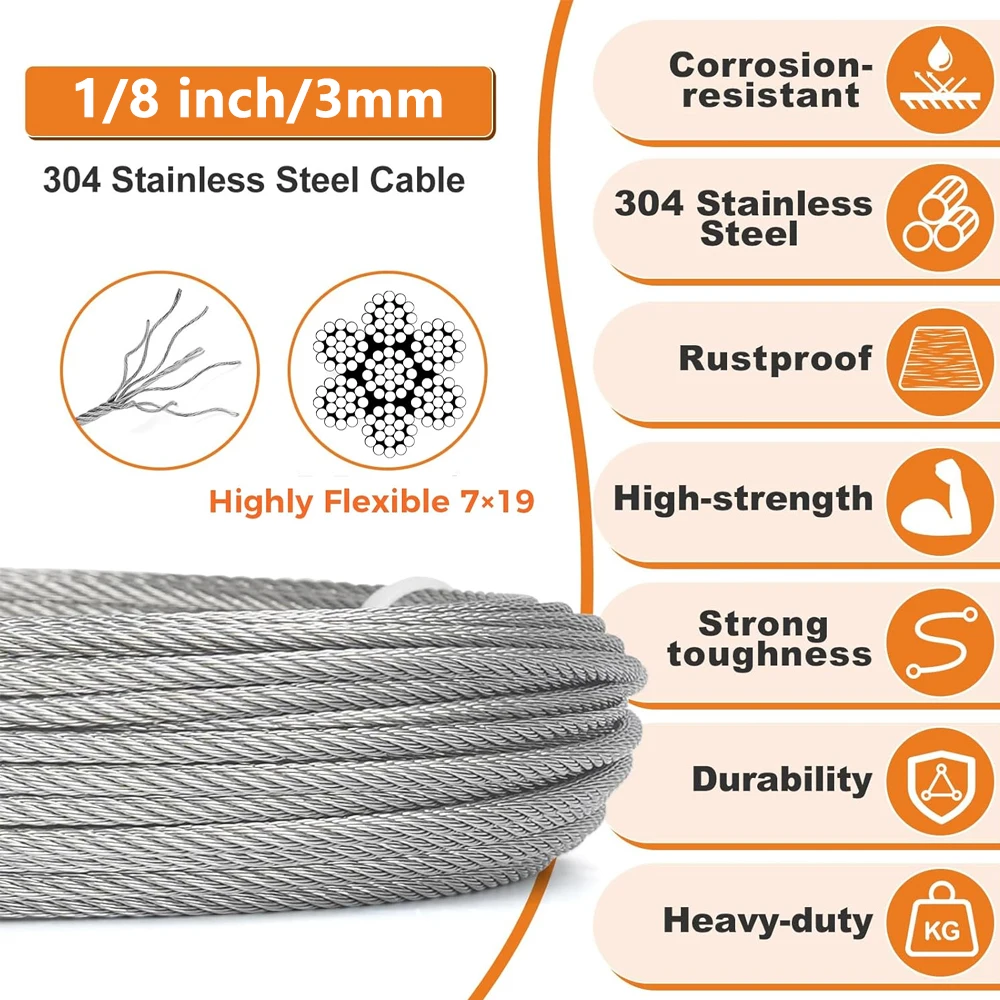 Stainless Steel Wire Rope 1/8 inch 3mm 304 Heavy Duty For Outdoor Tent