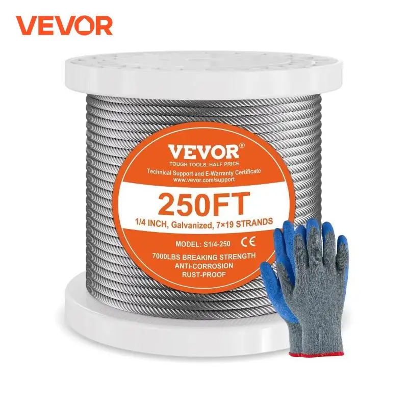 VEVOR 250 ft Wire Cable Rope Stainless Steel 7 x 19 Strands Wire Cable Garden Railing Fence Roll Kits for Outdoor Tent