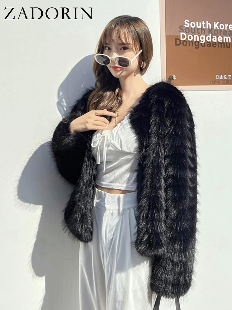 

ZADORIN Winter Korean Style Cozy Warm Faux Fox Fur Coat Women Long Sleeve Striped Fur Jackets and Coats for Women Pink Tops