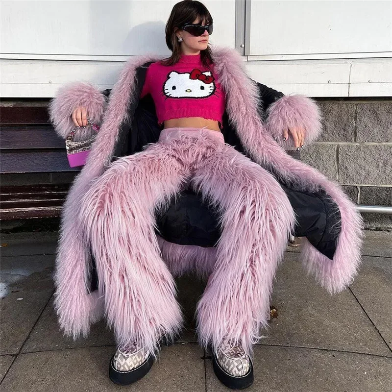 Fur Thick Warm Pants Furry Cargo Y2K Streetwear Fashion 2023 Women Winter Clothes Trouser Wide Leg Casual Sexy Club Party Pants