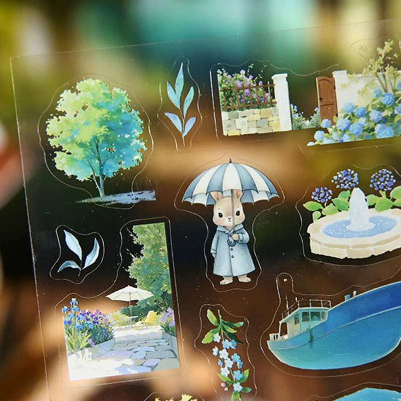 힐링 풍경 스티커, 동화 정원 시리즈, 토끼집과 꽃 장면, DIY 저널 장식 재료