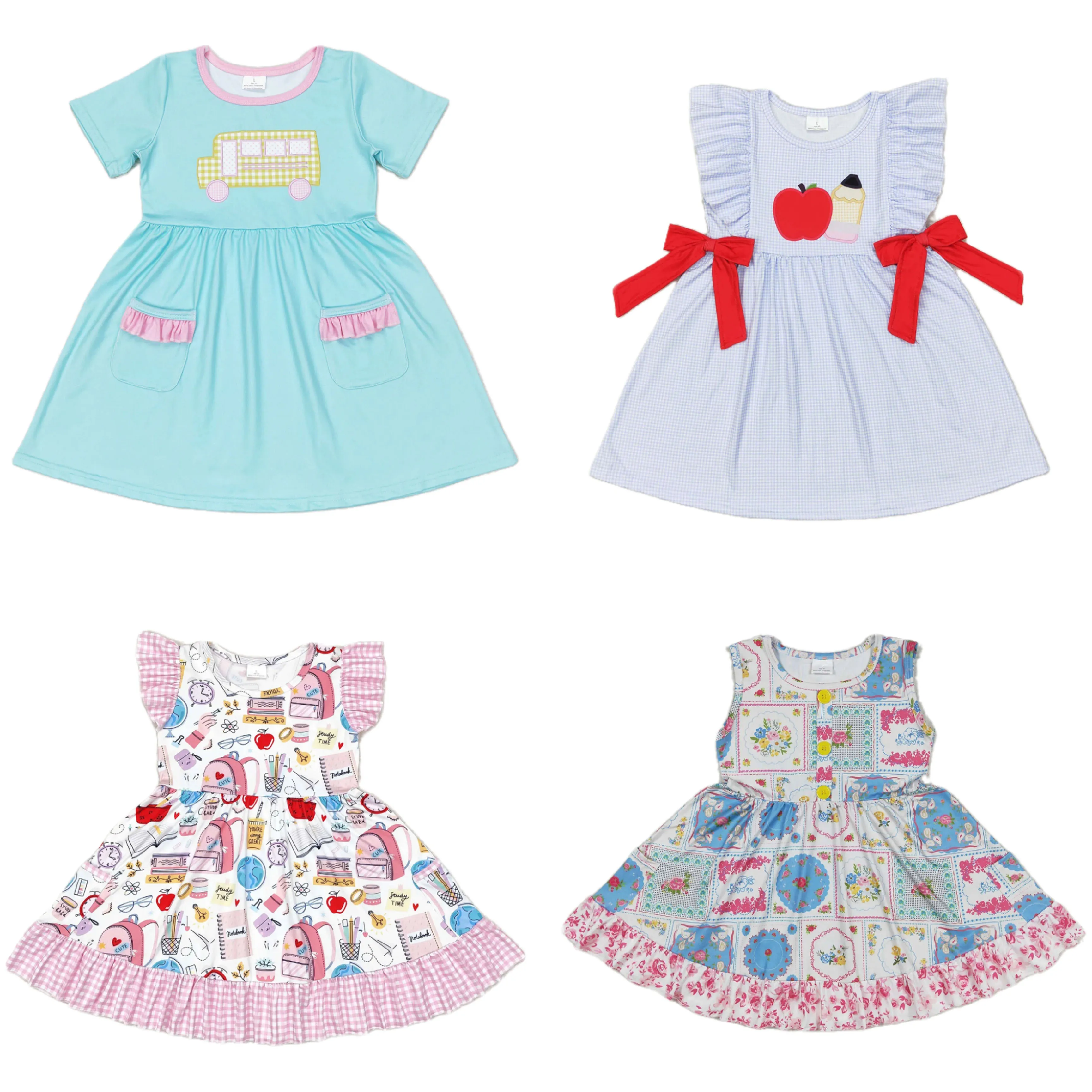 Baby Girl Summer Short Sleeves Dress Boutique Blue Clothes Kids Children Toddler Back To School Knee Length One Piece