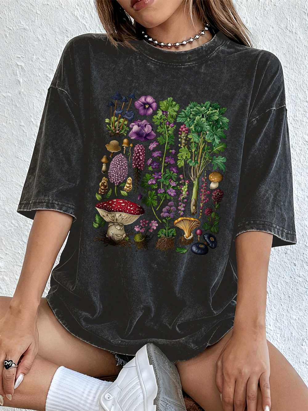 Floral & Mushroom Print Oversized Cotton T-Shirt - Women's Casual Summer Top