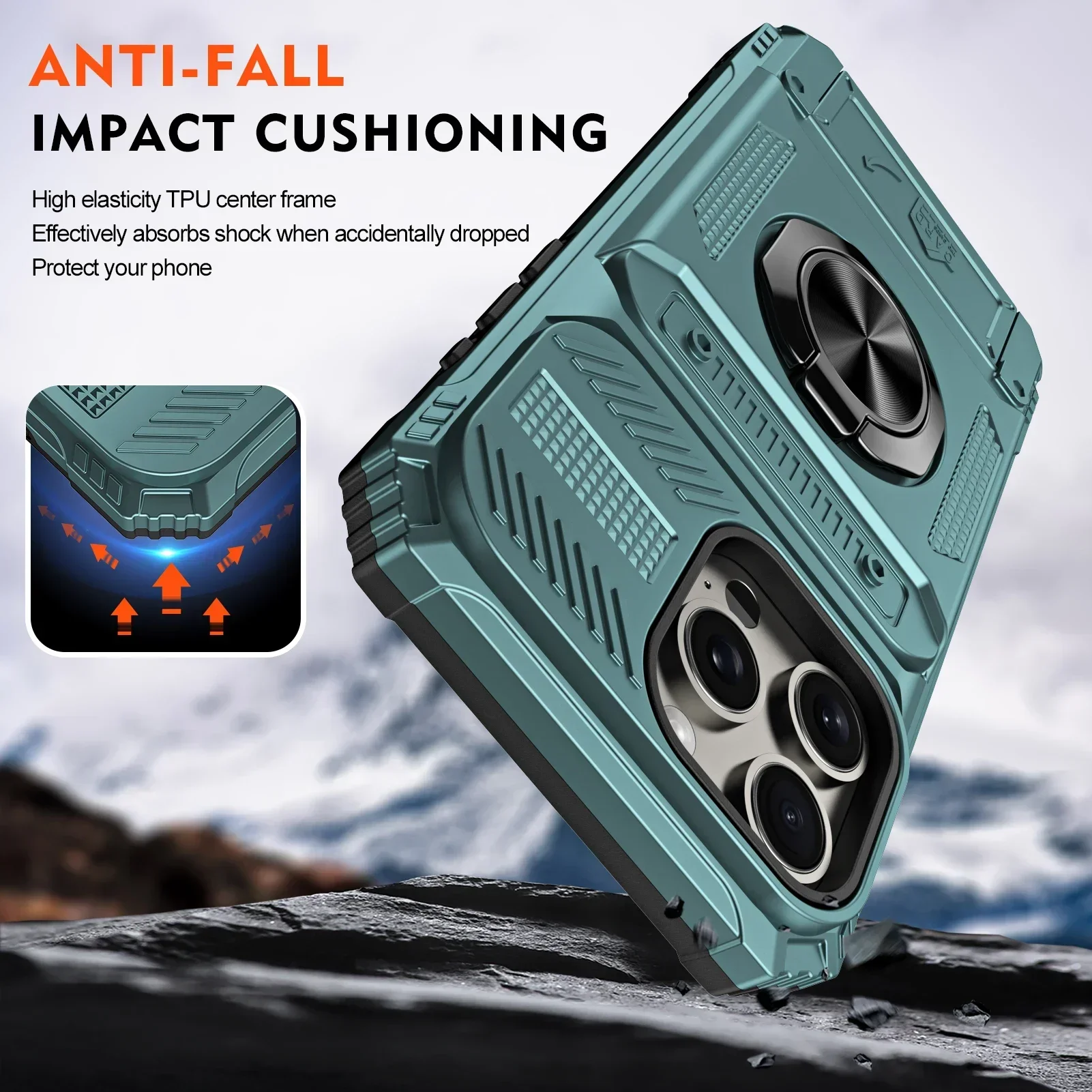 Lanhiem Custodia in metallo per iPhone 16 Pro, Schermo in vetro temperato, Supporto per fotocamera, Cover antiurto di livello militare, Nero
