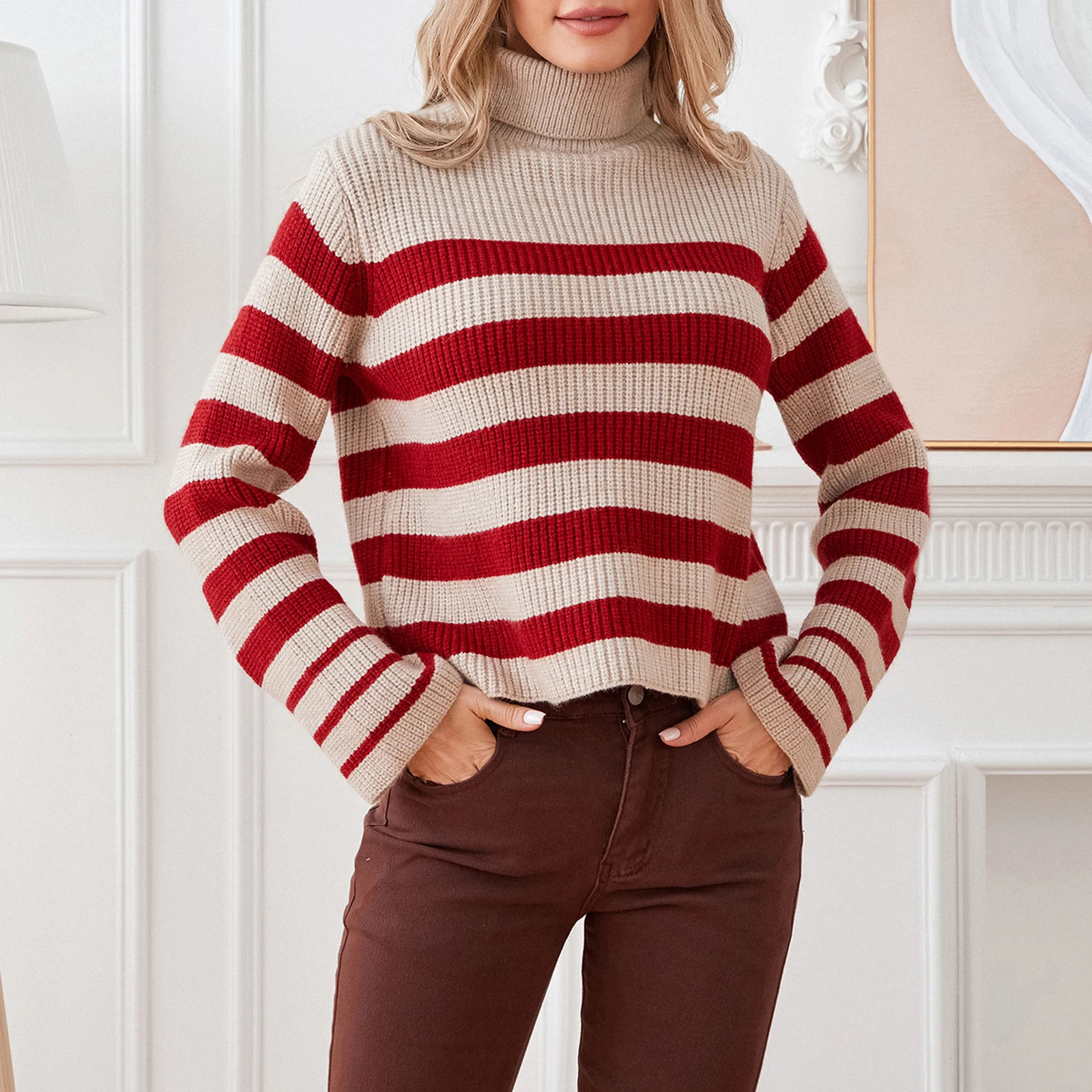 

Casual Vintage Sweater Women Striped Print Loose Pullovers Fall Winter Warm Female Long Sleeve High Collar Knit Tops Streetwear