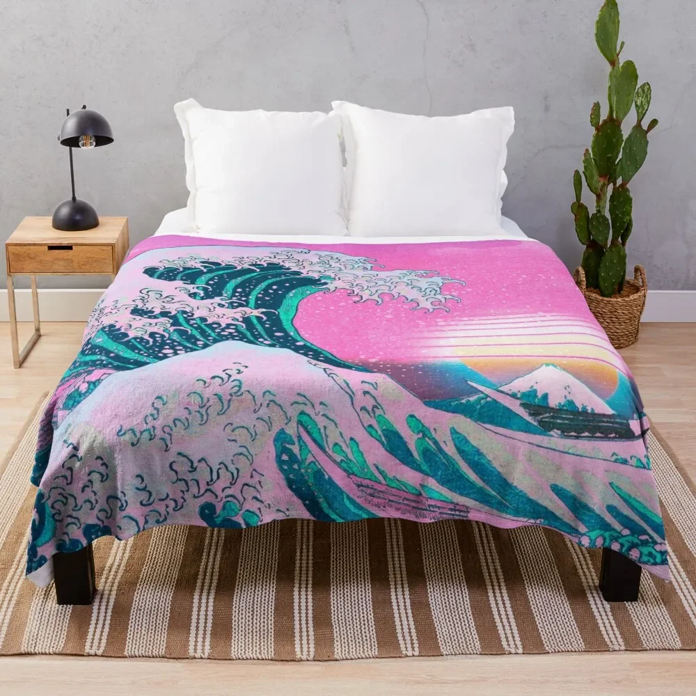 

Vaporwave Aesthetic Great Wave Off Kanagawa Retro Sunset Throw Blanket Moving Hairy Baby For Decorative Sofa Blankets