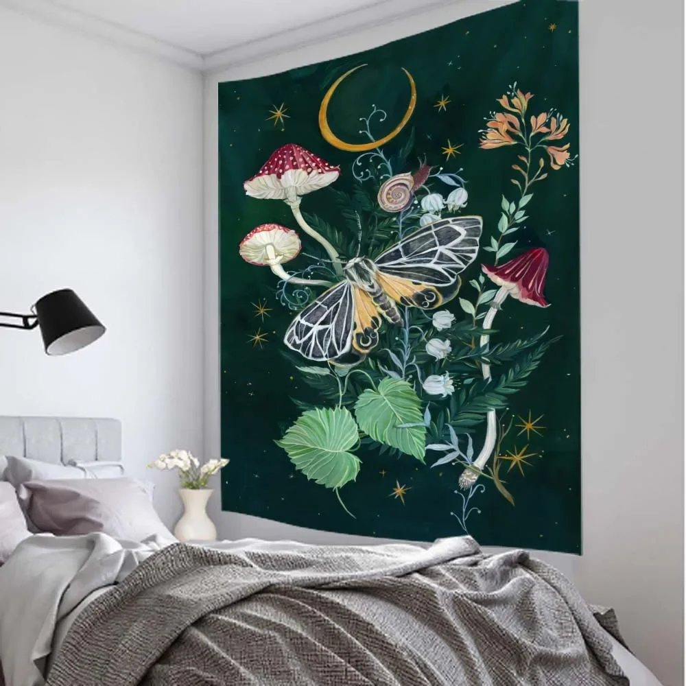

Nordic psychedelic tapestry wall hanging plant sun moon butterfly fabric background wall bohemian aesthetic room decoration