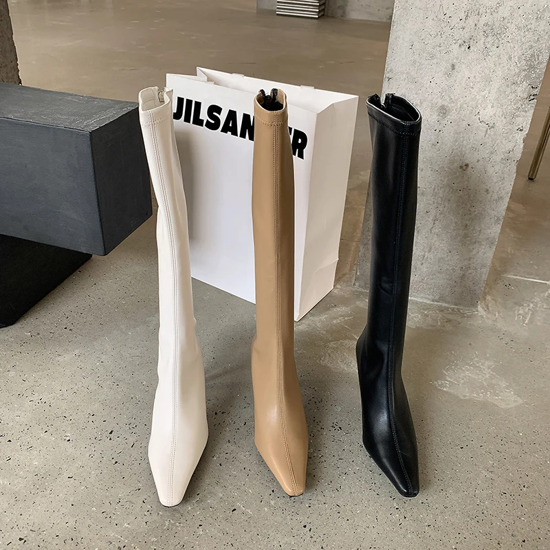 Black Beige White Women Knee High Boots Autumn/Winter Stretch Booties Back Zipper Thin High Heels Elegant Dress Shoes Party