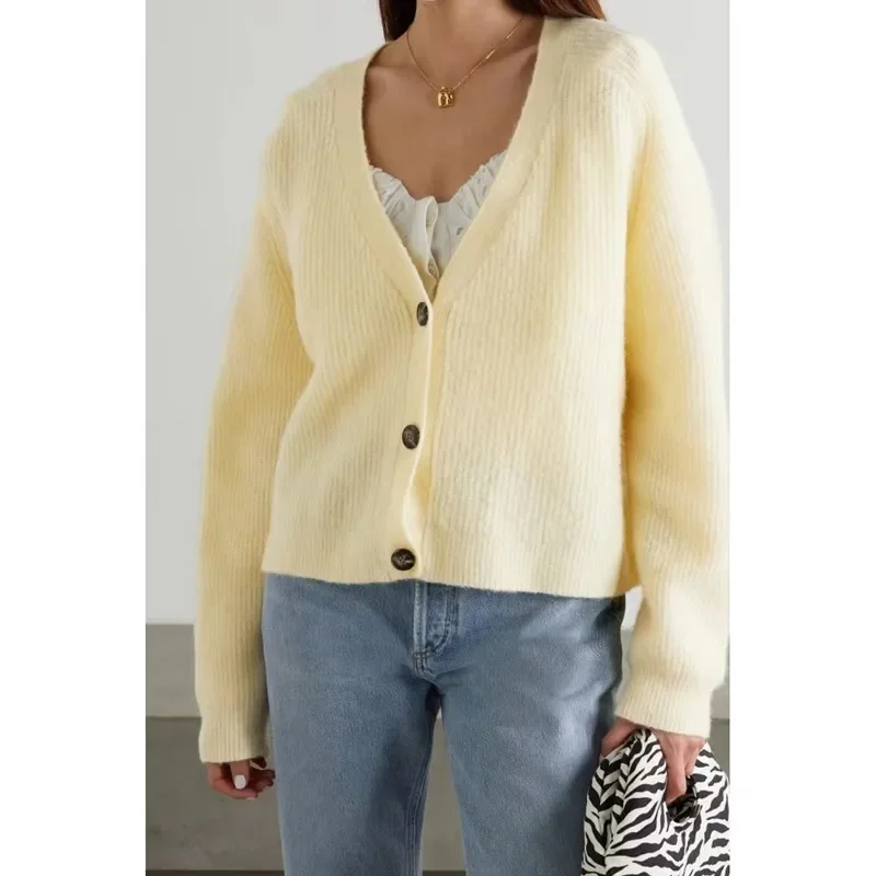 

Light Yellow V-neck Single-breasted Long-sleeved Women Knitted Cardigan