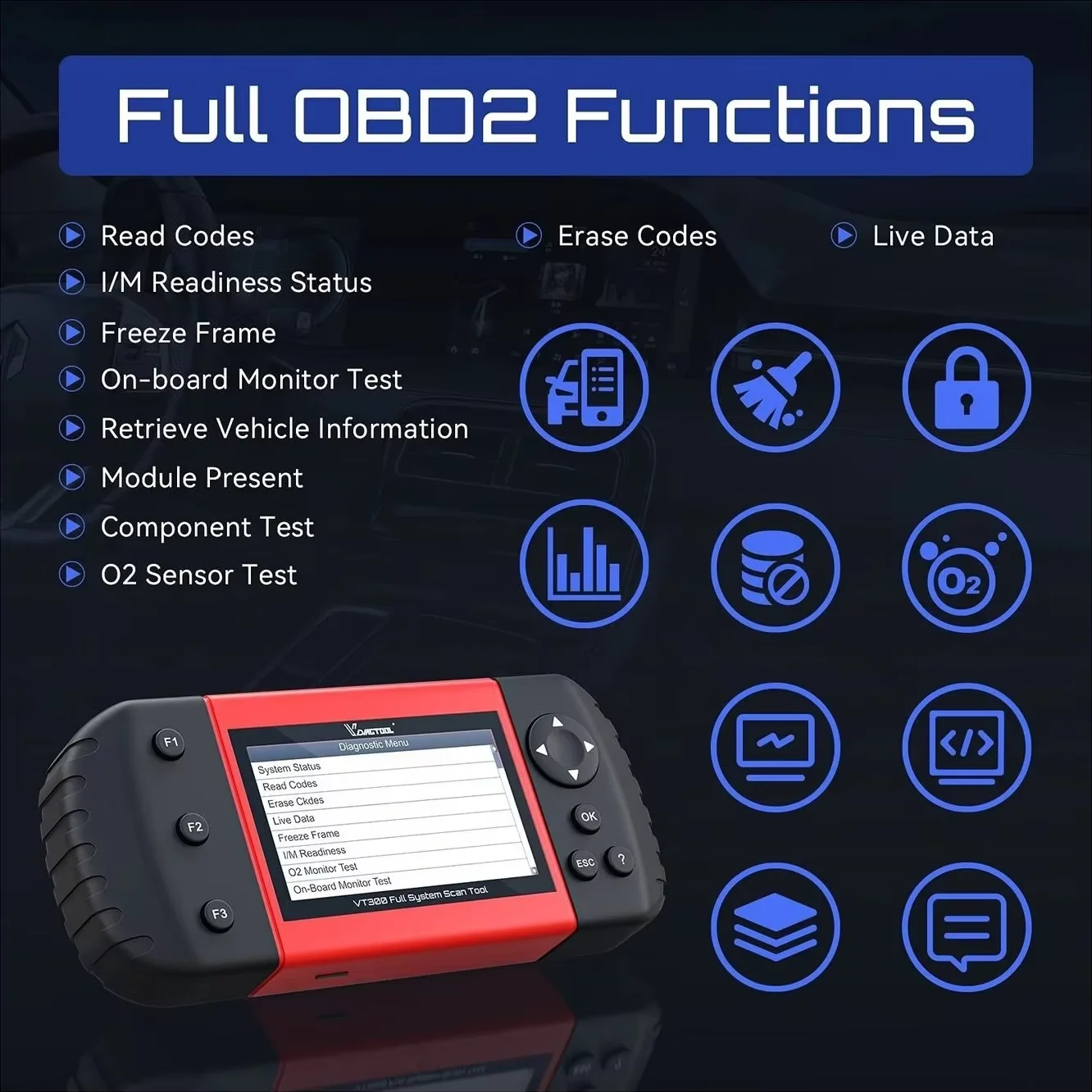 Strumento diagnostico per auto VDIAGTOOL VT300 per SRS/ABS/Trasmissione/Motore, scanner OBD2, reset SAS EPB e acceleratore, aggiornamenti gratuiti a vita. - Image 3