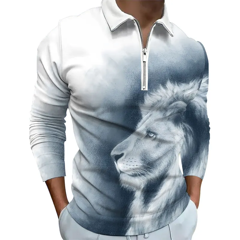 

3D Lion Wolf Animal Graphic Print Long Sleeve Daily Polos Shirts Casual Classic Autumn Zipper Clothing Oversized Tops