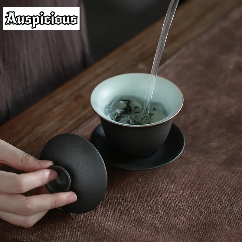 150ml Retro Black Pottery Sancai Gaiwan Ceramic Tea Cup Tea Tureen Household Kung Fu Set Ceremony Drinkware Customized