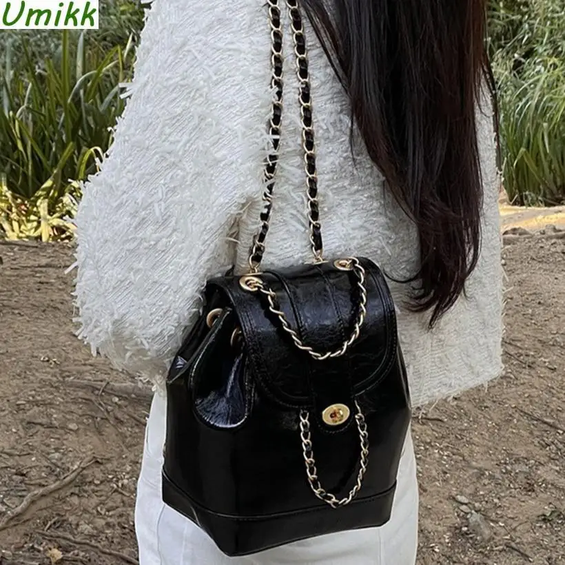 2023 Women Korea Mini Chains Backpack Female Student Oil Wax Leather  Shoulder Bag Travel Luxury Hand Bags Black&Silver Rucksack - AliExpress