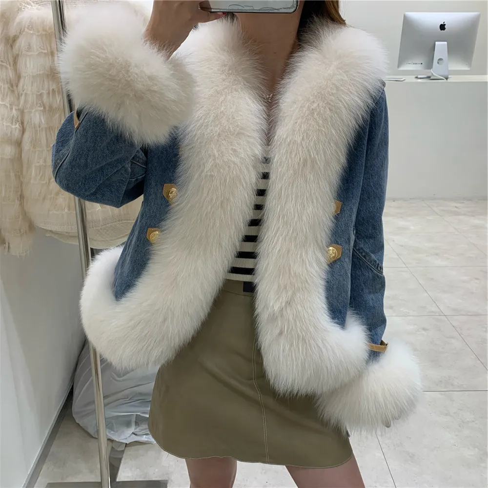 

2023 Thick Real Fox Fur Trim Denim Jacket White Duck Down Jacket and coats vintage long sleeve Jean real fur Parkas