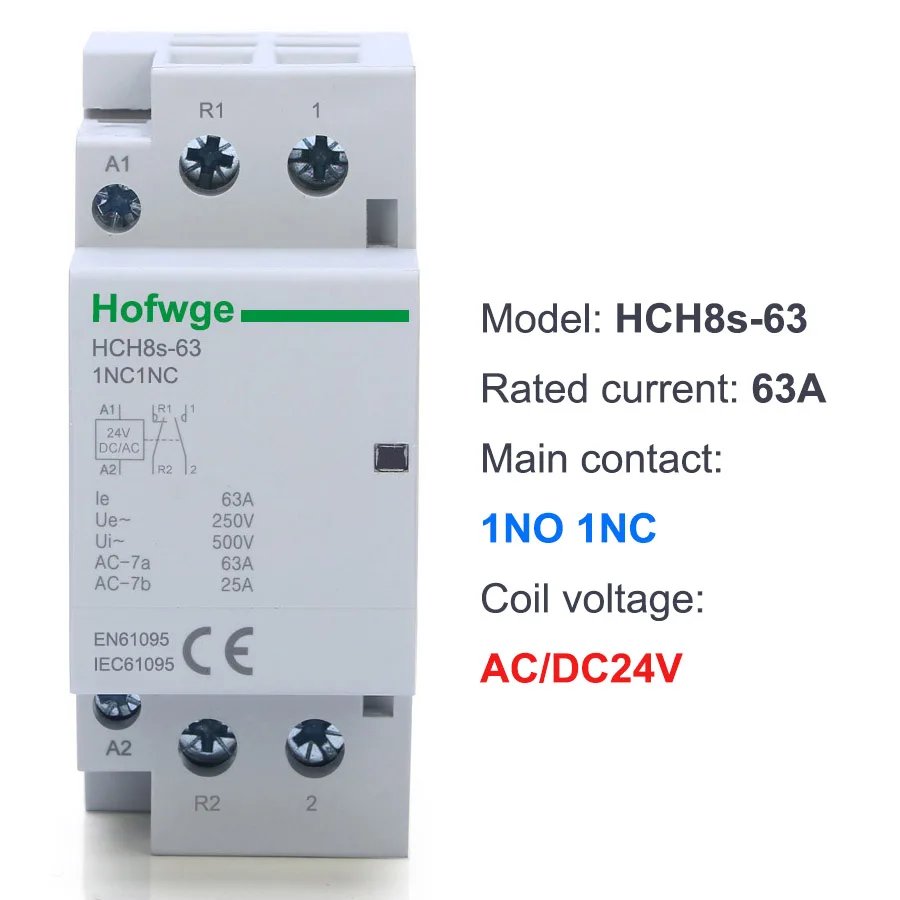 Contator automático do agregado familiar, tipo do trilho do ruído, HCH8s-63, 2P, 40A, 63A, 2NO, 1NO1NC, C.A. 24V, C.C. 24V, 50Hz, 60Hz