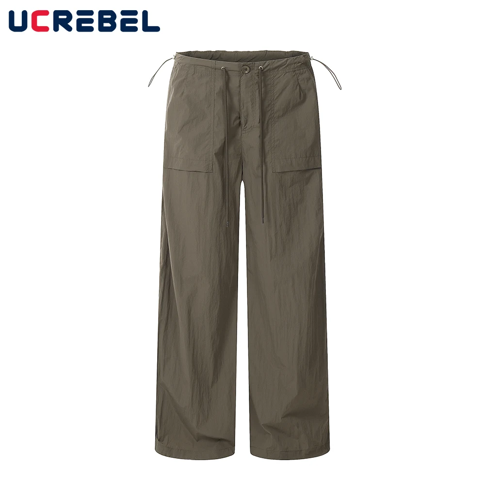 

Autumn Drawstring Casual Pants Mens Solid Color Pocket Loose Streetwear Simple Straight-leg Trousers Men