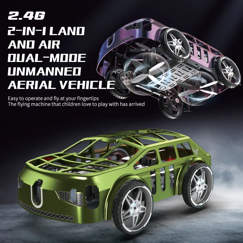 Drone voiture télécommandée 2-en-1 violet en vol stationnaire, avec éclairage LED et carrosserie profilée.