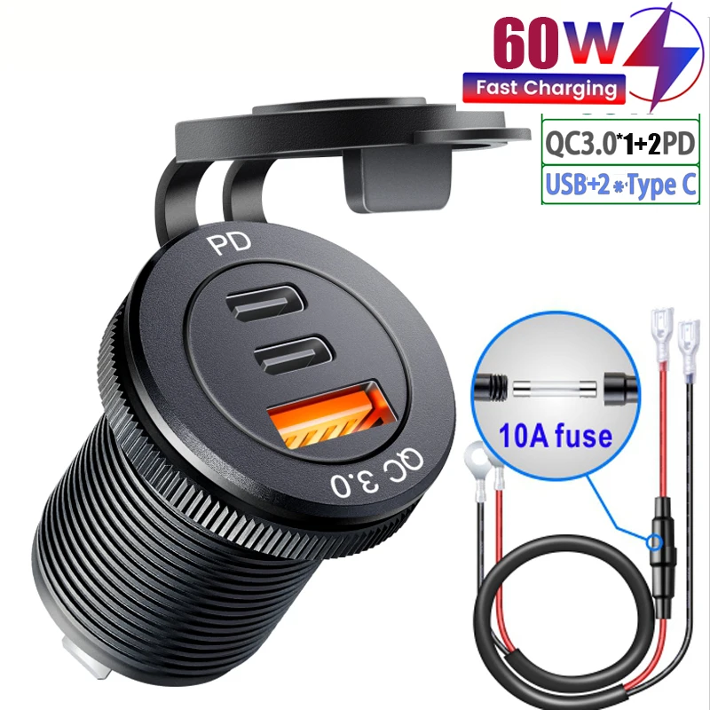 차량용 USB 콘센트 3.0 소켓 내장, 12V, C 타입 슈퍼 어댑터, 자동차 콘센트, 고속 충전, 트럭 오토바이 RV 마린, 24V