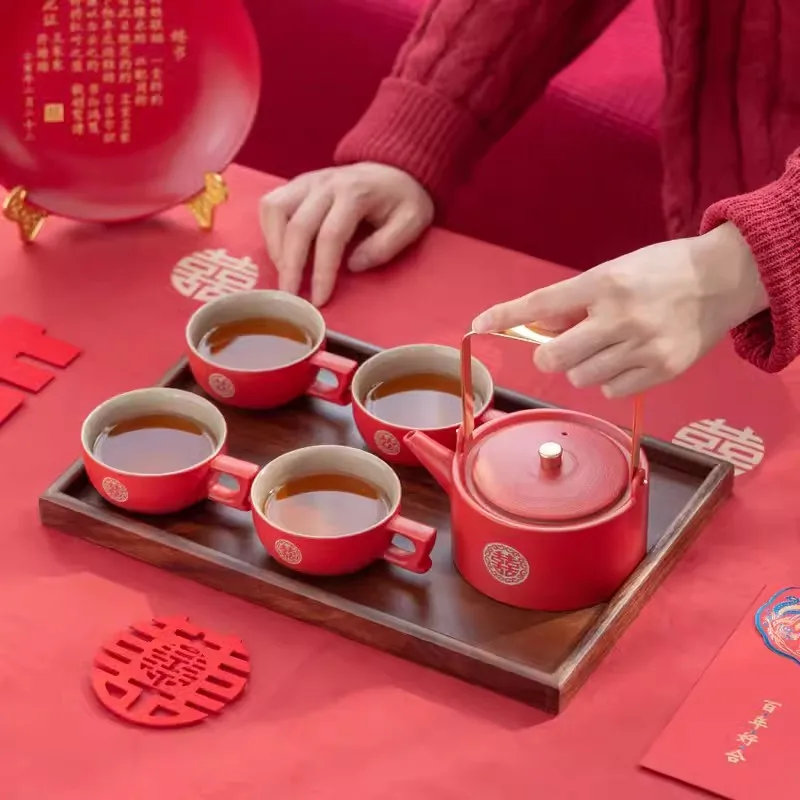 Red joy Tea Cup set for bride, wedding, living room, new