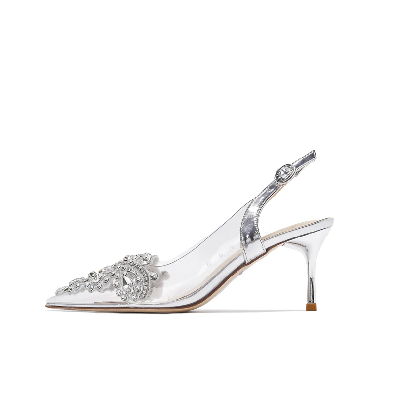 

UVRCOS Elegant PVC Transparent High Heel Shoes Crystal Embellished Thin Heels pumps Women Slingback Stiletto Heels Silver