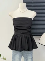Kimotimo French One Shoulder Pleated Slim Tube Top Women Sexy Waist Ruffled Sleeveless Vests Summer Y2k Solid All Match Tanks - Image 3