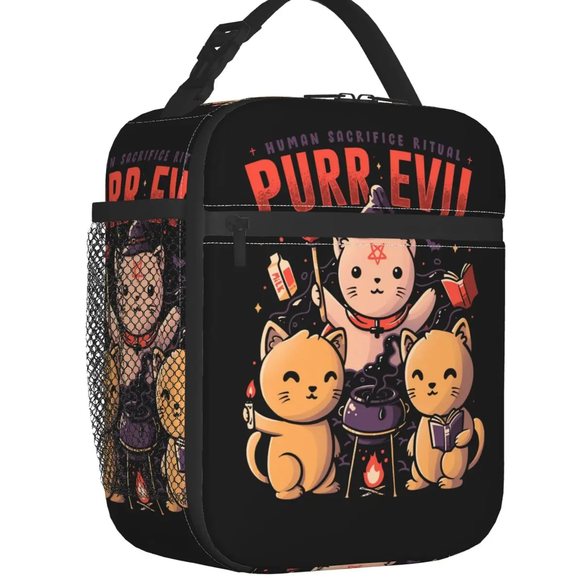 

Изолированные сумки для обеда с изображением волшебного кота Purr Evil для женщин, сатаническая Готическая ведьма, многоразовый термоохладитель, коробка для бенто, для школы