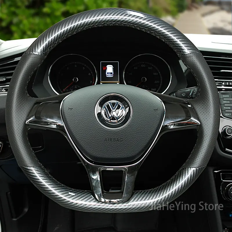 

Hand Stitching Black Perforate Leather Carbon Fiber Car Steering Wheel Cover For Volkswagen Jetta
