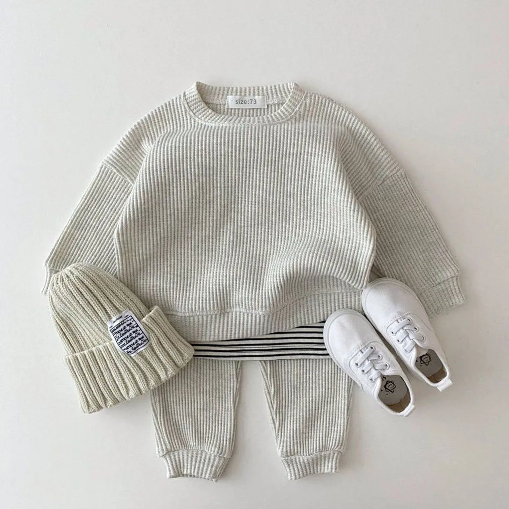 Kids Clothes Set Korean Baby Cotton Kintting Clothing Sets Mock Two-piece Waffle Cotton Kids Boys Girls Clothes Sets Tracksuit Tops+Pants