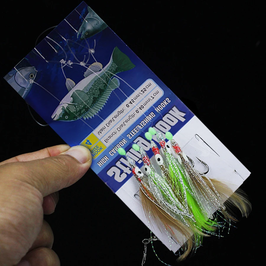 Sabiki Fishing Rigs Baits Soft Octopus Lure Luminous Glow Bead Feather Fish Skin String Hooks Saltwater Fishing 1Pack 1/0 – Detail 4