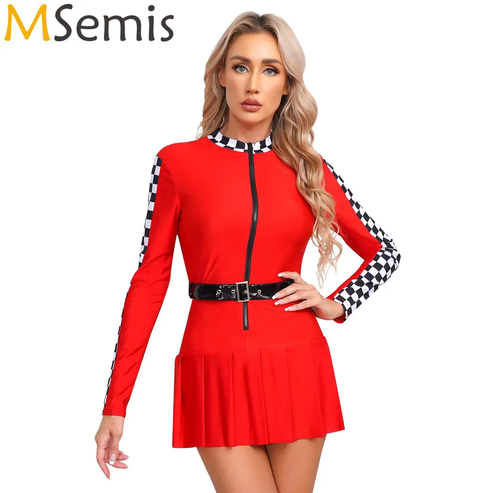 Womens Cheerleader Uniform Checkerboard Racer Cosplay Dress with Belt Long Sleeve Front Zipper Pleated Skirt Racing Driver Dress