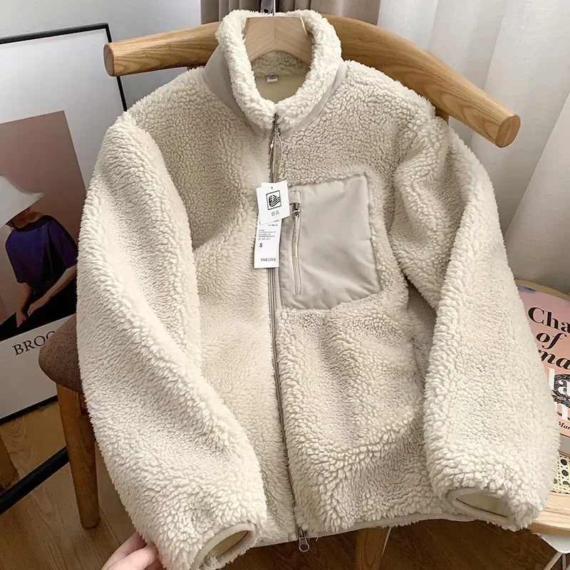 

Couple Style Imitation Lamb Wool Warm Jacket Autumn and Winter Mens Fashion Contrast Color Windproof Pocket Stand Collar Jackets