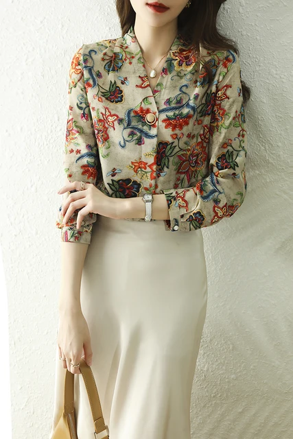 H Han Queen Autumn Blousess V-Neck Office Blusas Vintage Print