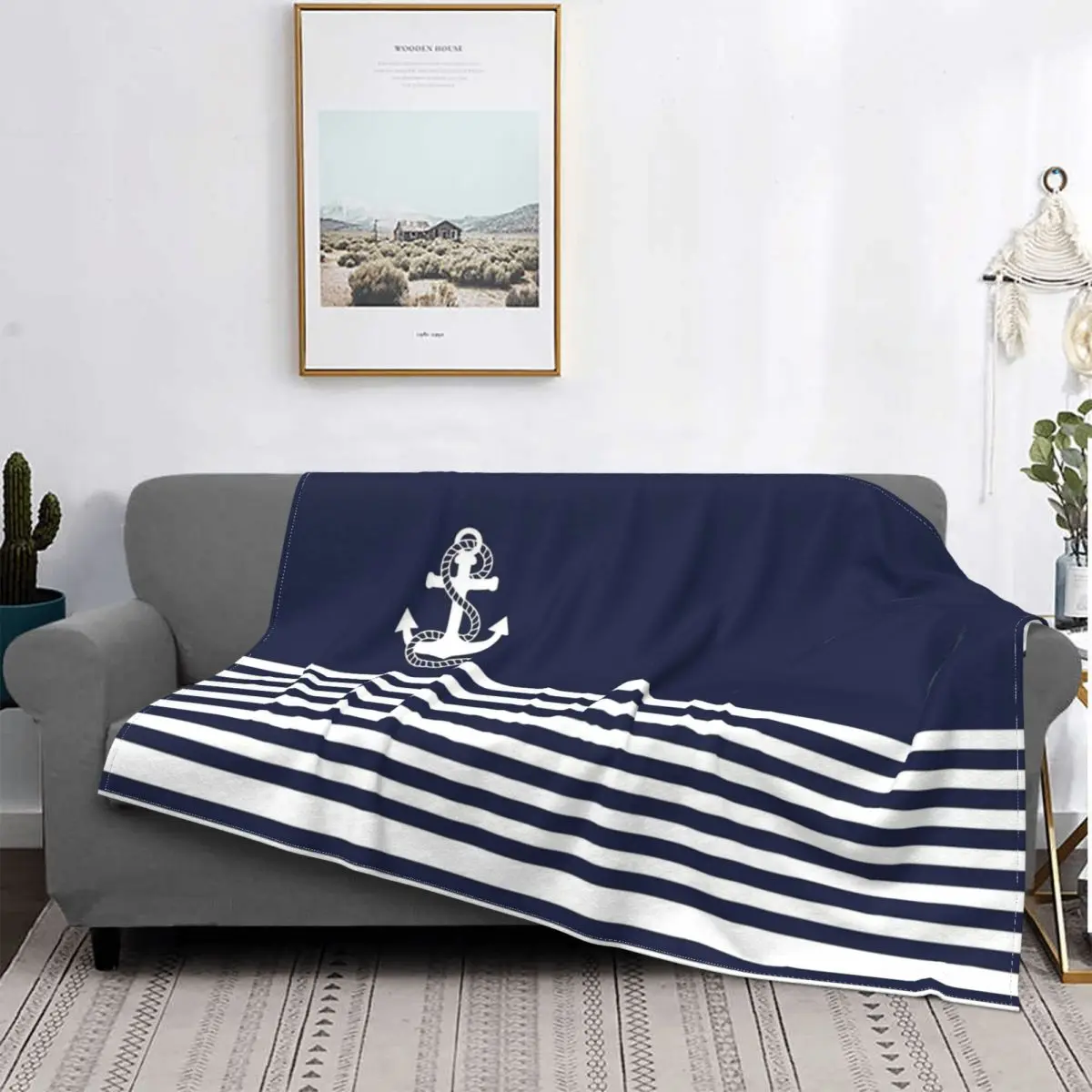 Nautical Navy Blue Stripes And White Anchor Blankets Fleece Multi