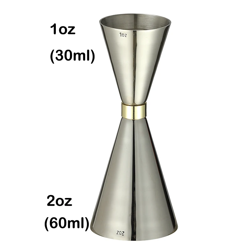 Assorted stainless steel cocktail jiggers for precise drink measurement in different sizes and finishes