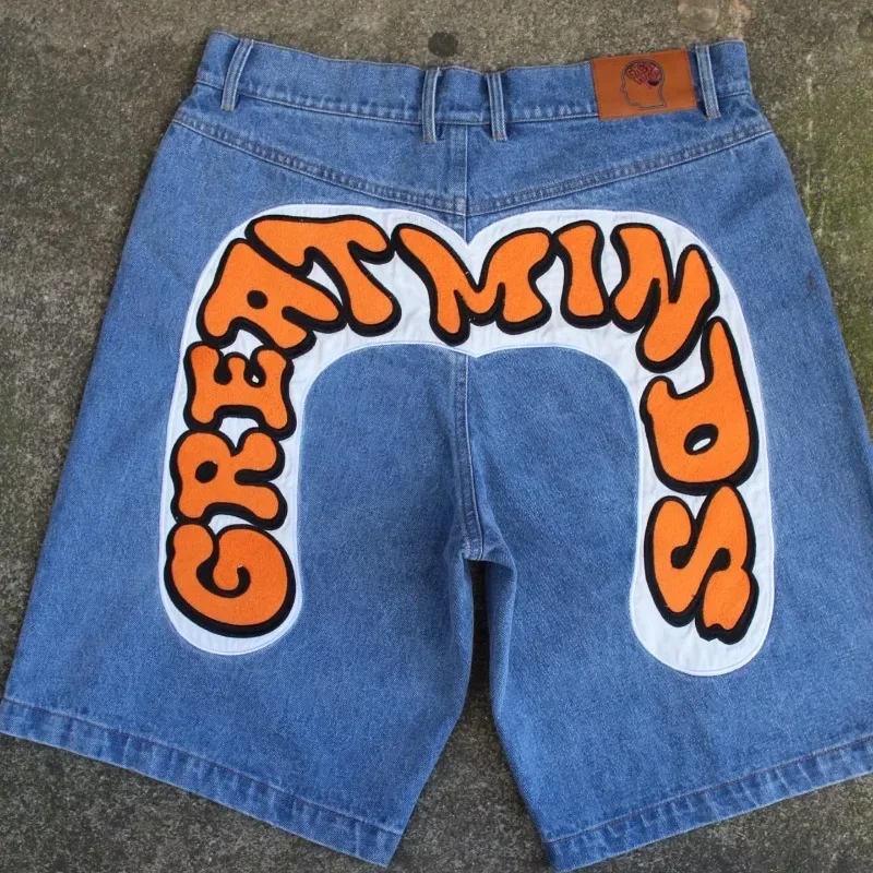Summer colorful lettered denim shorts men's Japanese fashion brand straight loose sports five-quarter pants mid-pants