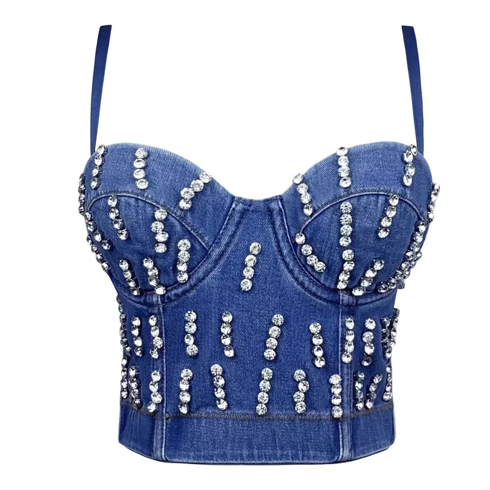 

2023 New Women Denim Camisole Top Beaded Bright Diamonds Fashion Backless Crop Top Bustier Bra Night Club Party Tank Tops