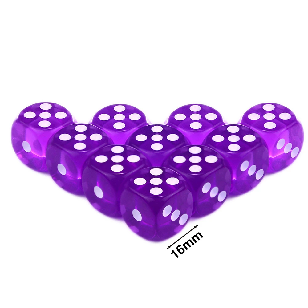 Colorful Set of 10 Transparent D6 Dice with Standard Dots for Party and Tabletop Game Fun
