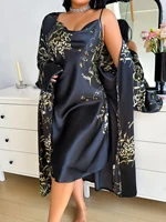Ensemble pyjama pour femmes grande taille à imprimé floral cerise, robe de nuit sexy avec robe longue, ensemble de vêtements de détente deux pièces pour femmes 6