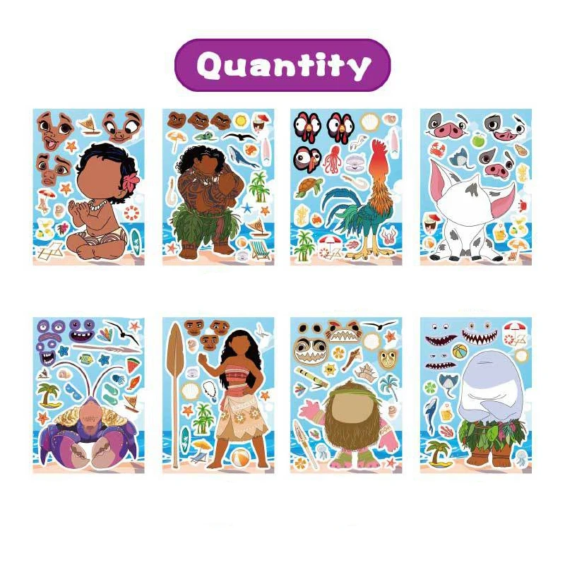 Disney Cartoon Moana DIY Make a Face Puzzle Stickers 8/16Sheets DIY Children Cartoon Funny Assemble Jigsaw Scrapbooking Decals puzzle stickers