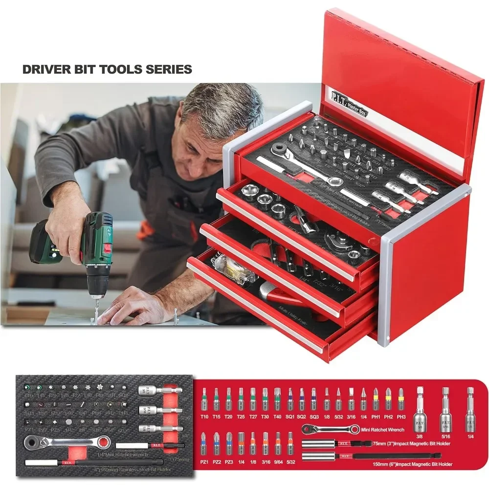 P.I.T. Portable 3 Drawer Steel Tool Box with 61-Pieces Mechanics Tool Set, Magnetic Locking, Red Hand Carry Tool Cases for Hand Tools Repair Tool Kit