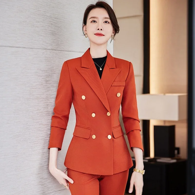 (Suit jacket+pants) Korean high-end women's suit set, large size suit, double breasted suit, office  suit